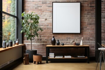 A blank mockup frame is positioned on a brick wall by the window in a sunlit loft with a rustic ambiance, creating a warm space for showcasing artwork. Photorealistic illustration