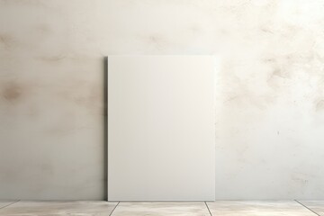 A blank white mockup canvas rests on the floor against a white wall, presenting a minimalist and clean setting for showcasing artwork or photographs. Photorealistic illustration - obrazy, fototapety, plakaty
