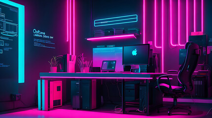 Big neon room/office background, neon lighting.
