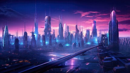  A futuristic, cyberpunk inspired cityscape at night.