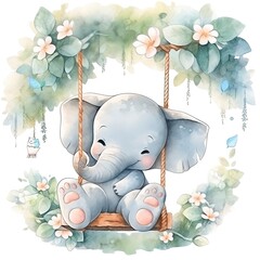 Cute happy baby elephant on swings in the tree in watercolor.