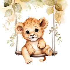 Cute happy baby lion on swings attached to the tree in watercolor style.