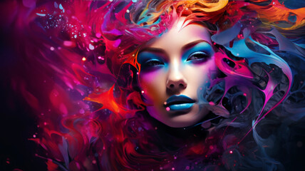 a girl's face in a visually spectacular form, a combination of bold and energetic colors, gradient accents, a sense of sophistication