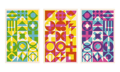 Geometric cover set with riso print effect. Bauhaus shapes pattern risograph style
