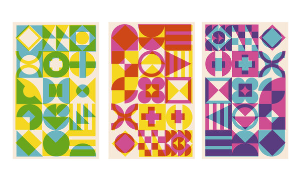 Geometric cover set with riso print effect. Bauhaus shapes pattern risograph style