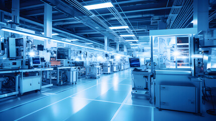 A semiconductor fabrication plant showing a modern clean and organized DX age production factory. DX industry 4.0 concept