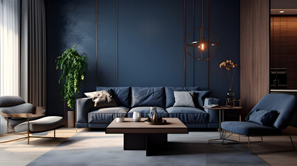 Dark blue sofa with recliner chair in scandinavian flat apartment, modern living room design
