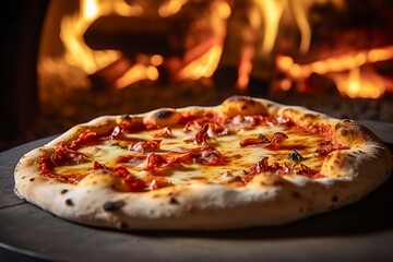 Freshly baked pizza closeup, traditional wood fired oven background. - obrazy, fototapety, plakaty