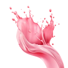 Zelfklevend Fotobehang Strawberry falling into pink milk or yogurt splash, 3d illustration isolated © Nopadol