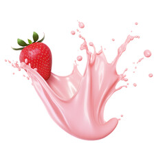 Strawberry falling into pink milk or yogurt splash, 3d illustration isolated