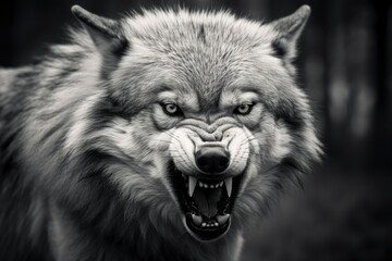 Greyscale closeup shot of an angry wolf with a blurred background. - obrazy, fototapety, plakaty