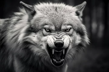 Fotobehang Greyscale closeup shot of an angry wolf with a blurred background. © MstSanta