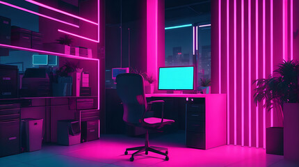 Big neon room/office background, neon lighting.