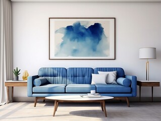 Mid century style interior living room with blue sofa against white wall and art poster frame generative ai