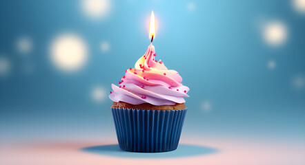 Birthday cupcake with a candle lit on it, pink, blue and white pastel background