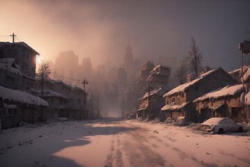 Abandoned city buildings in winter at night. Snow on foggy post apocalyptic town ruins.