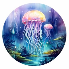 Fototapeta na wymiar Jellyfish in an underwater landscape in a circle.