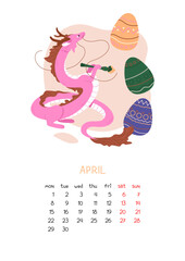 Vertical A4 page format for spring month of April 2024. Pink Chinese dragon decorates Easter eggs for holiday. Symbol of Chinese Lunar New Year 2024. Vector illustration isolated on white background