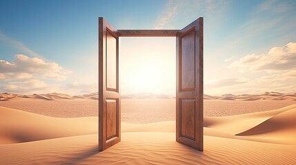 The opened door on the desert. Unknown and start up concept. - obrazy, fototapety, plakaty