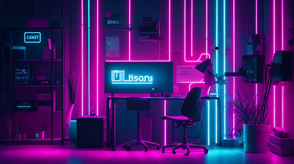 Big neon room/office background, neon lighting.