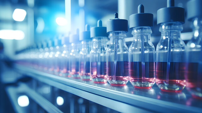 Medical vials on production line at pharmaceutical factory, Pharmaceutical machine working pharmaceutical glass bottles production line