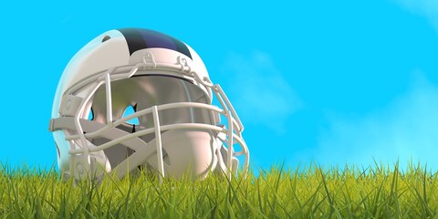American football helmet with Baltimore Ravens team colors. Green grass of footbal field. 3D render - obrazy, fototapety, plakaty