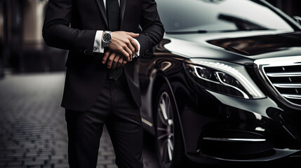 Professional driver standing near luxury car, Chauffeur service concept