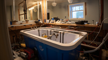 Under construction new bathtub remodeling a home bathroom, plumbing pipe for new sinks
