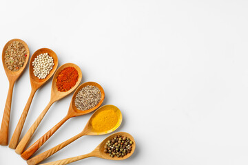 Spice in wooden spoons on white background