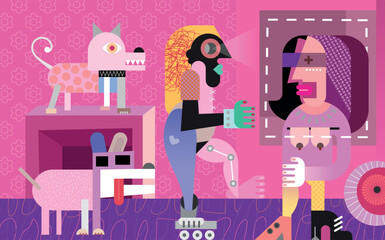 Two strange nude women and two dogs in an apartment with pink walls and purple floors. Contemporary art digital painting, vector illustration.