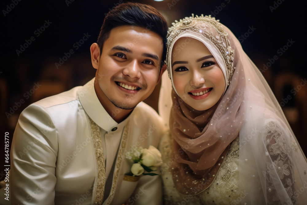 Poster young muslim couple at wedding