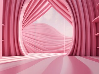 3D rendering of a empty pink striped room with an open window generative ai