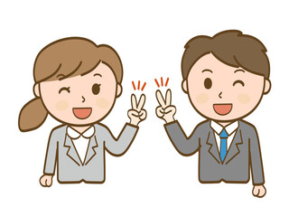 笑顔でピースサインのスーツ姿の女性会社員と男性会社員