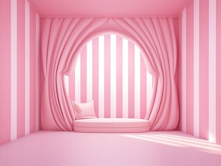 3D rendering of a empty pink striped room with an open window generative ai