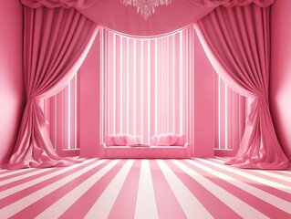 3D rendering of a empty pink striped room with an open window generative ai