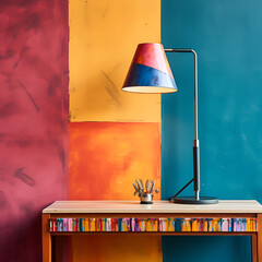 lamp on the desk lamp, table, interior, light, furniture, room, home, hotel, design, decoration, decor, book, 