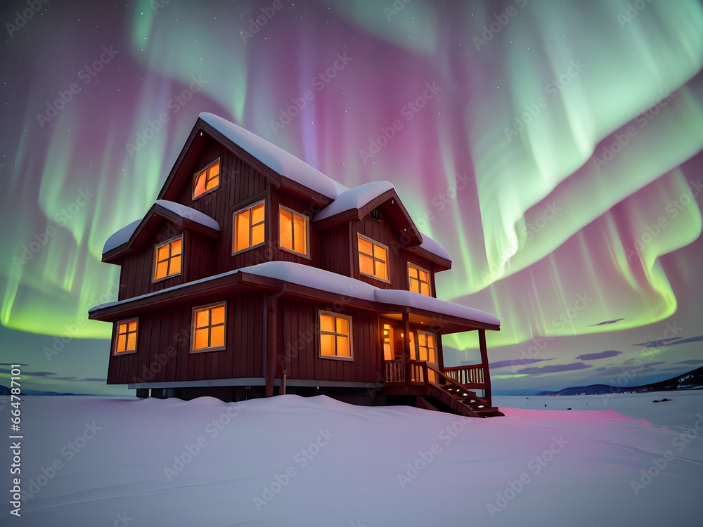 Canvas Prints Aurora borealis over house in winter landscape