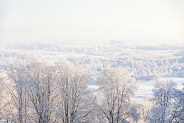 View at a winter landscape with snow and hoarfrost