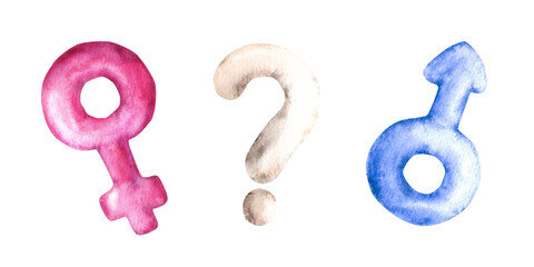 Male or female sign with question mark air ballon. Mars and Venus symbols watercolor hand draw set isolated on white background. boy or girl, he or she, gender reveal, baby birthday, newborn party.