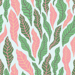 Linocut pink and green vector leaves on light blue background. Seamless vector leaves linocut grunge pattern. Linocut vector seamless print. Great for label, print, packaging, fabric.