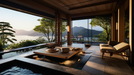 3D render interior design concept, Tranquil Japanese Resort by the Lake Natural background: A Serene Retreat and Relax with private Onsen space. travel and vacation background - obrazy, fototapety, plakaty