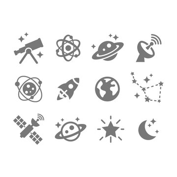 Space and astronomy vector icon set. Planet, rocket and telescope icons.
