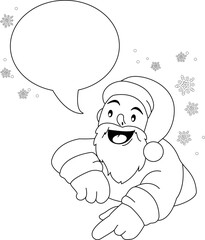 Santa Claus with speech bubble. Vector black and white coloring page.