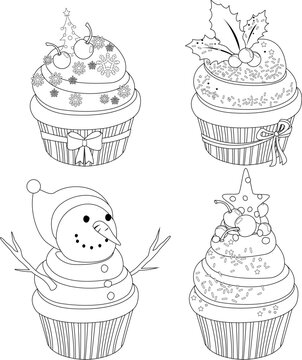 Christmas cupcakes collection. Vector black and white coloring page.