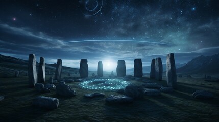 A mysterious, ancient stone circle set against a backdrop of rolling hills and a star-studded night sky.