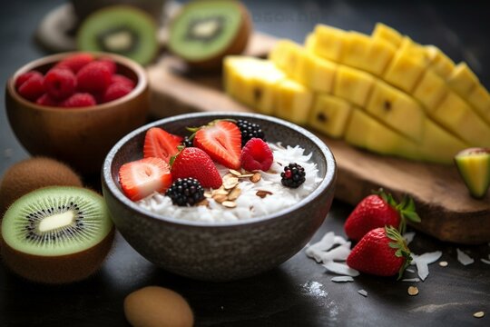 Bowl of fresh fruit, seeds, and coconut for a healthy smoothie. Generative AI