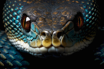 Fototapeta premium Close-up of calm snake face isolated on dark background