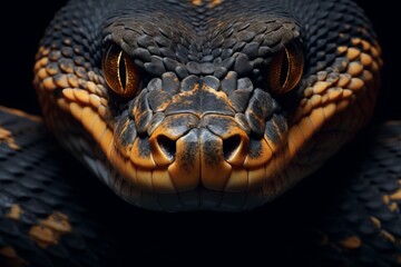 Close-up of calm snake face isolated on dark background - obrazy, fototapety, plakaty