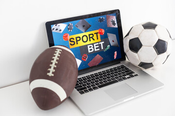 Online sports betting poster banner design template. Laptop and soccer basketball baseball balls,...