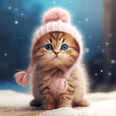 Adorable kitten in a knitted hat and scarf. Cute cat in a Christmas composition with bokeh effect. AI Generated.
